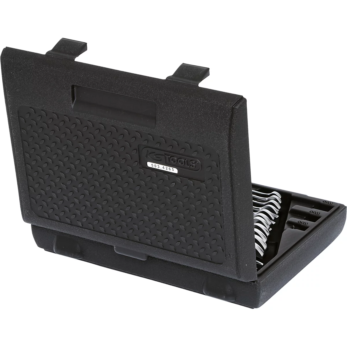 Schwarzer Werkzeugkoffer mit Schraubenschlüsseln. Koffer geöffnet, Schraubenschlüssel liegen ordentlich nebeneinander.